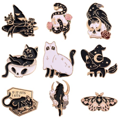 9stk Halloween Anstecknadeln, Punk-Stil Totenkopf Hexenhut Schlange Schmetterling Krähe Schwarze Katze Anstecknadeln aus Zinklegierung Lustige Halloween Anstecknadeln für Rucksäcke Kleidung von Mikovivi