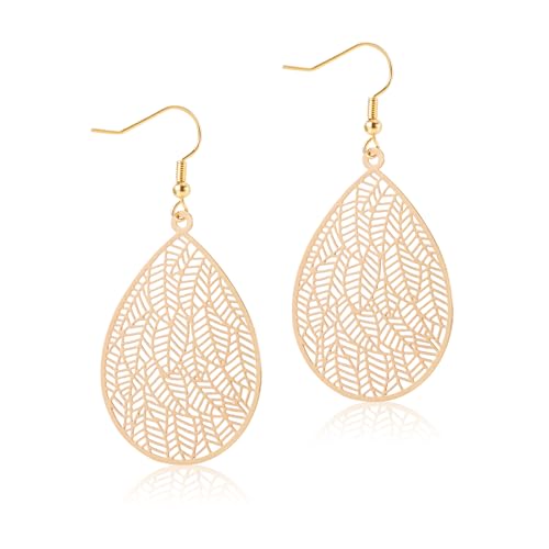 Blatt Tropfen Ohrringe, Handgemachte Filigrane Tropfen Ohrringe Kupfer Blatt Ohrringe für Frauen Stilvolle Blatt Ohrringe Schmuck Geschenk für Frauen Mädchen (Gold) von Mikovivi