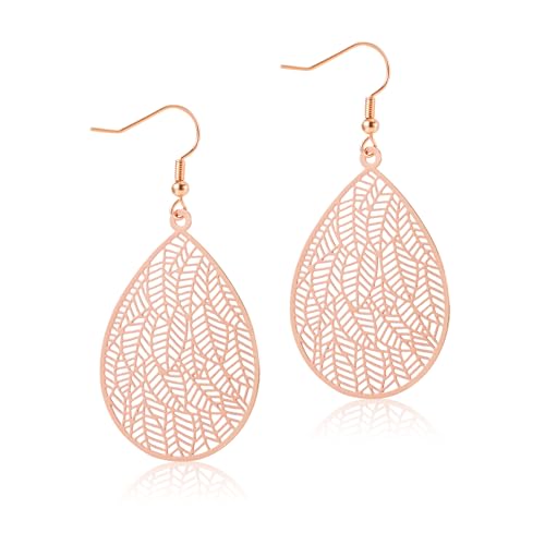 Blatt Tropfen Ohrringe, Handgemachte Filigrane Tropfen Ohrringe Kupfer Blatt Ohrringe für Frauen Stilvolle Blatt Ohrringe Schmuck Geschenk für Frauen Mädchen (Roségold) von Mikovivi