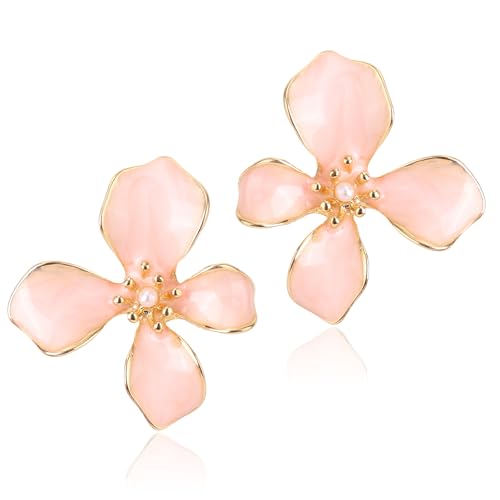 Blumen Ohrringe für Damen, Blütenblatt-Ohrstecker mit Kunstperlen Hochzeits- und Strandaccessoires Braut-Blumenohrringe Zartes Schmuckgeschenk Böhmische Blumenohrstecker für Damen (Pink) von Mikovivi