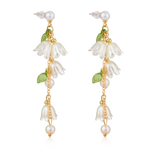 Blumenohrringe Weiß Maiglöckchen Statement Ohrringe für Frauen - Lange Blumen Tropfen Schmuck für Mädchen von Mikovivi