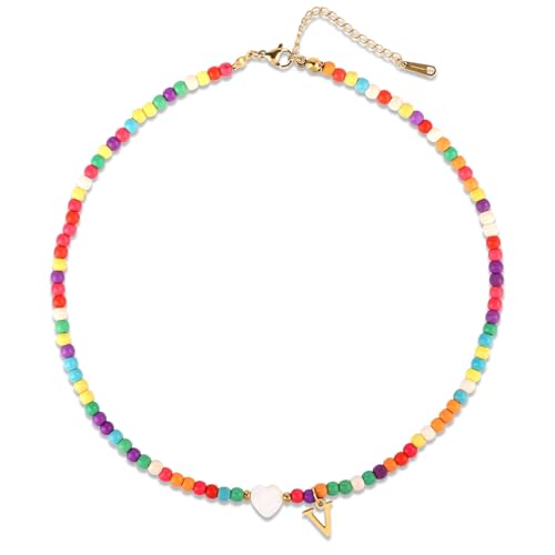 Mikovivi Bunte Perlenkette, Süße Perlenkette mit Herzmuscheln Stilvolle Halskette mit Buchstabenanhänger Handgefertigte Personalisierte A-Z-Geschenke für Frauen und Mädchen (Buchstabe V) von Mikovivi
