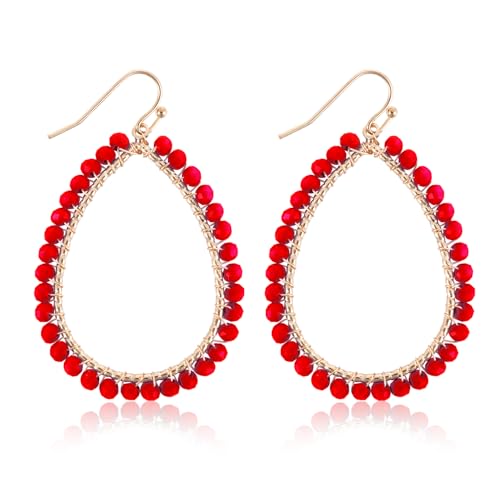 Creolen mit Perlen in Tropfenform, Glitzernde Sommerohrringe aus Kristall Personalisierte Ohrringe mit Perlen Statement-Ohrringe Bohemian-Accessoires Geschenke für Damen (Rot) von Mikovivi