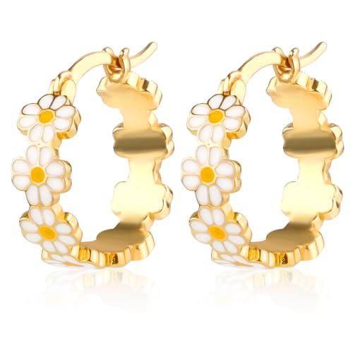Damen Ohrringe Gänseblümchen, Sommer Gänseblümchen Statement Creolen Blumen Emaille kleine Blumen Huggie-Creolen Mode Schmuckgeschenk für Frauen Teenager Mädchen (Goldweiß) von Mikovivi