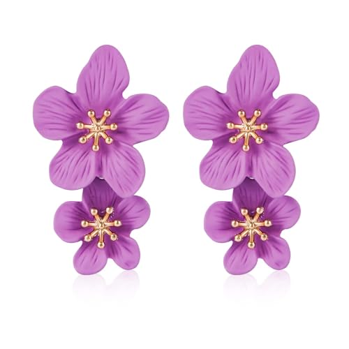 Doppelte Blumenohrringe, 3D-Blumenohrringe Florale Baumelnde Ohrringe Boho-Ohrstecker Schicke Wildblumenohrringe Statement-Schmuck für Frauen Mädchen Hochzeit Party (Lila) von Mikovivi