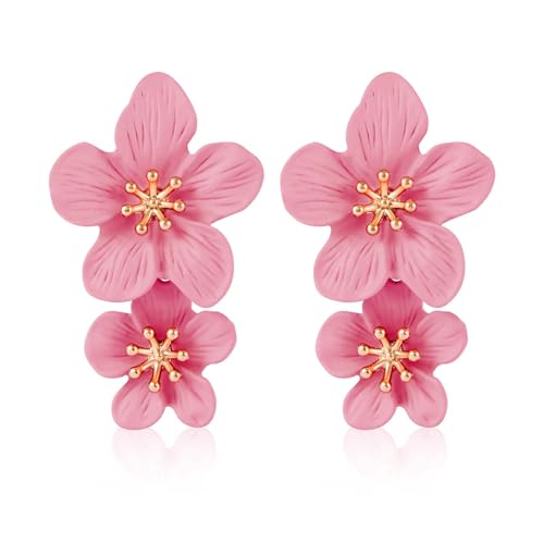 Doppelte Blumenohrringe, 3D-Blumenohrringe Florale Baumelnde Ohrringe Boho-Ohrstecker Schicke Wildblumenohrringe Statement-Schmuck für Frauen Mädchen Hochzeit Party (Rosa) von Mikovivi