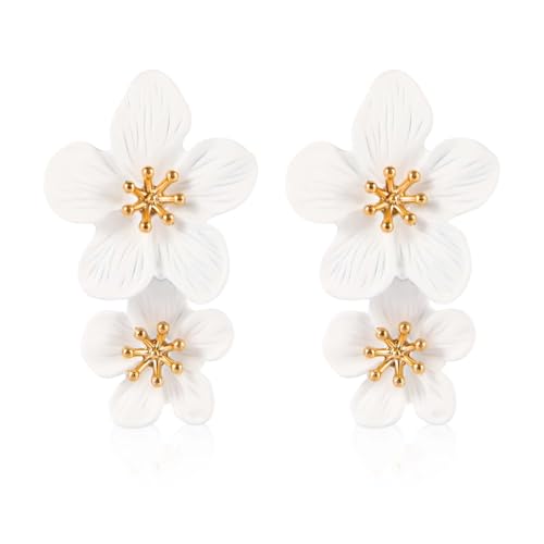 Doppelte Blumenohrringe, 3D-Blumenohrringe Florale Baumelnde Ohrringe Boho-Ohrstecker Schicke Wildblumenohrringe Statement-Schmuck für Frauen Mädchen Hochzeit Party (Weiß) von Mikovivi