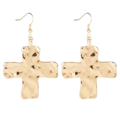 Gehämmerte Kreuzohrringe als Geschenk für Frauen, Hochwertige Legierung Klobige Goldene Kreuz-Ohrhänger Groß Haken Stilvoller Religiöser Schmuck für Frauen Kirche Freizeit Ostern und Partys von Mikovivi