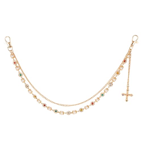 Goldene Hosenkette, Modische Mehrlagige Jeanskette mit Perlen und Strasssteinen Kreuz Hip Hop Gürtel Accessoires Hosenschmuck Unisex von Mikovivi