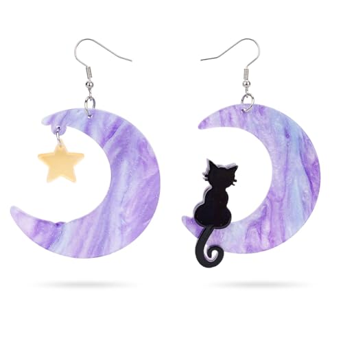 Halloween Mond Ohrringe, Katze auf dem Mond Baumelnde Ohrringe aus Acryl Zierliche Schöne Tier Mondstern Ohrhaken Ohrringe Geschenk für Frauen Halloween Schmuck Weihnachtsfeier (Lila) von Mikovivi