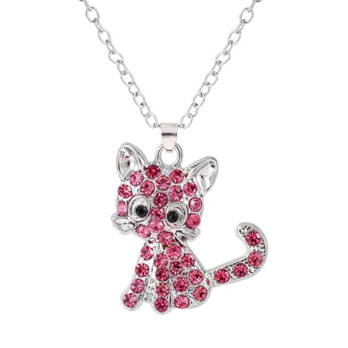 Halskette mit Katzenanhänger, 45+5,1cm Verlängerungskette Süß Klein Katzen Strass Halskette Funkelnd Katzen Schmuck Katzen Halskette für Frauen Geschenke (Rosenrot) von Mikovivi