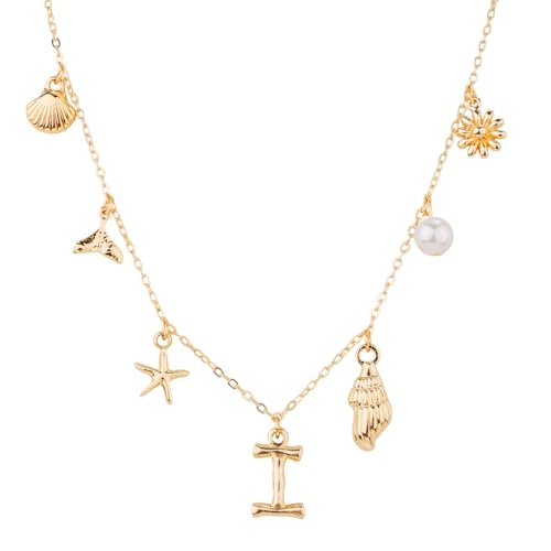 Mikovivi Initialen-Charm-Halskette für Frauen, Gold Muschel-Buchstaben-Halsketten Muschel Seestern A-Z Alphabet Anhänger Halskette Boho Sommer Strandschmuck Geschenk für Mädchen Teenager (I) von Mikovivi