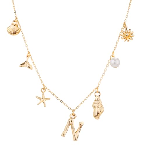 Initialen-Charm-Halskette für Frauen, Gold Muschel-Buchstaben-Halsketten Muschel Seestern A-Z Alphabet Anhänger Halskette Boho Sommer Strandschmuck Geschenk für Mädchen Teenager (N) von Mikovivi