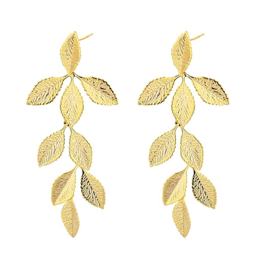 Lange Goldene Ohrstecker mit Blattmotiv, Ohrringe im Boho Stil Botanische Ohrringe für Damen Goldene Blattohrringe Handgefertigte Blattohrhänger Goldene Blattohrhänger für Damen von Mikovivi