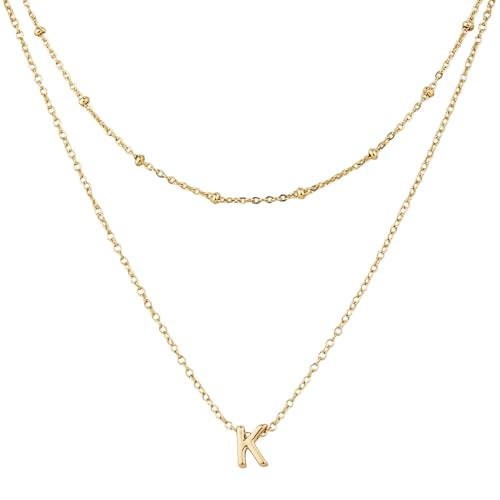Mikovivi 1 Halskette mit Anfangsbuchstaben und 1 Kurze Kette, Modische Vergoldete Alphabet-Halskette Mehrlagige Halskette mit Anfangsbuchstaben Winziger Choker-Anhänger für Frauen (K) von Mikovivi