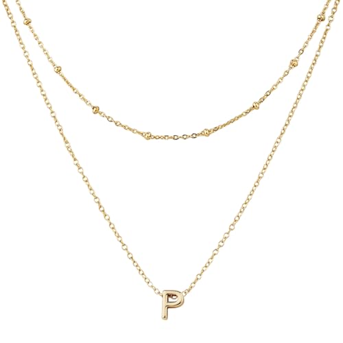 Mikovivi 1 Halskette mit Anfangsbuchstaben und 1 Kurze Kette, Modische Vergoldete Alphabet-Halskette Mehrlagige Halskette mit Anfangsbuchstaben Winziger Choker-Anhänger für Frauen (P) von Mikovivi