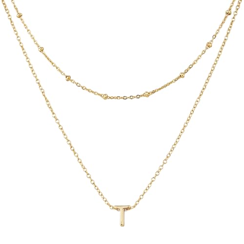 Mikovivi 1 Halskette mit Anfangsbuchstaben und 1 Kurze Kette, Modische Vergoldete Alphabet-Halskette Mehrlagige Halskette mit Anfangsbuchstaben Winziger Choker-Anhänger für Frauen (T) von Mikovivi