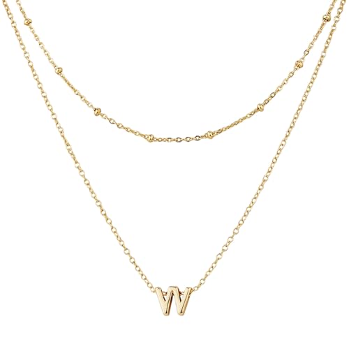 Mikovivi 1 Halskette mit Anfangsbuchstaben und 1 Kurze Kette, Modische Vergoldete Alphabet-Halskette Mehrlagige Halskette mit Anfangsbuchstaben Winziger Choker-Anhänger für Frauen (W) von Mikovivi