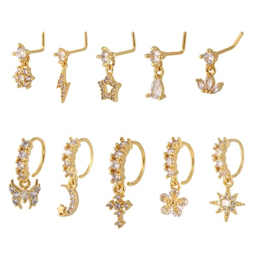 Mikovivi 10st Nasenringe, Goldfarben Stilvoll Nose Ring L-Förmig Nasenstecker Blume Stern Schmetterling Nasenpiercing Schmuck Geschenk für Frauen von Mikovivi