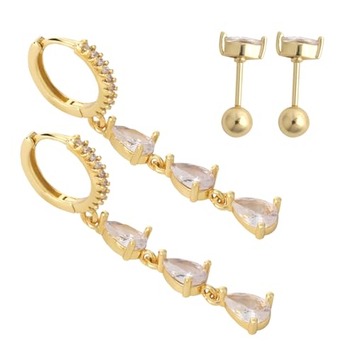 Mikovivi 2 Paar Gold Ohrringe Set, Kupfer Beschichtete Diamant Stecker Ohrringe Modischer Schmuck mit Anhängern für Frauen Partygeschenk von Mikovivi