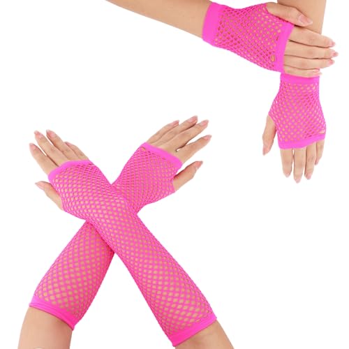 Mikovivi 2 Paar Netzhandschuhe fingerlos für Damen, Lang und Kurz Netz-Armstulpen 80er Jahre Kostüm Outfits Zubehör Goth Punk Emo-Stil Partyhandschuhe (Hot Pink) von Mikovivi