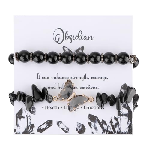 2 Stück Armbänder für Frauen und Männer, 8 mm Durchmesser Armbänder mit Steinen und Kristallen Elastisch Armband aus Naturstein Perlenarmbänder als Geschenk zum Geburtstag (Obsidian) von Mikovivi