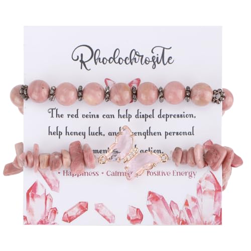2 Stück Armbänder für Frauen und Männer, 8 mm Durchmesser Armbänder mit Steinen und Kristallen Elastisch Armband aus Naturstein Perlenarmbänder als Geschenk zum Geburtstag (Rhodonit) von Mikovivi