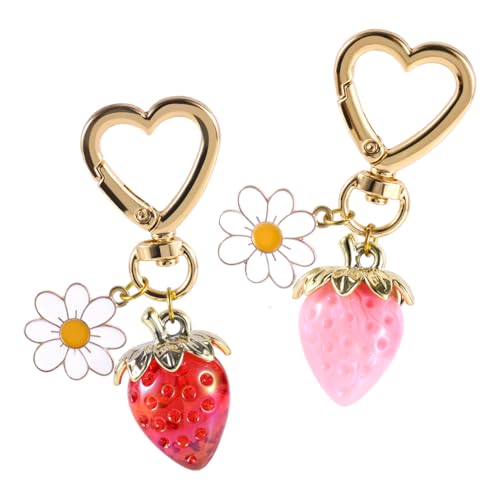Mikovivi 2 Stück Erdbeer Schlüsselanhänger, Ästhetik Herz Erdbeere Gänseblümchen Schlüsselanhänger Süße Taschenanhänger Anhänger Schlüsselring für Frauen Geldbörse Rucksackzubehör Dekor Geschenk von Mikovivi