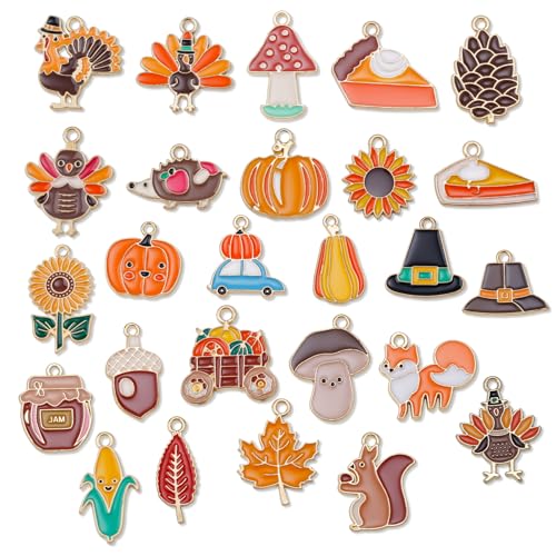 Mikovivi 26stk Thanksgiving-Herbstanhänger, Thanksgiving-Anhänger zur Schmuckherstellung Kürbiskutsche Eichhörnchen Ahornblattanhänger Feiertagsdekorationen zum Basteln Ohrringherstellung von Mikovivi