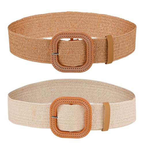 Mikovivi 2St Geflochtene Gürtel für Dame, Geflochtener Gürtel Elastischer Gürtel Damen Strohgürtel mit Quadratischer Schnalle Boho Geflochtener Dehnbarer Gürtel für Mädchen Damen (Weiß, Helles Kamel) von Mikovivi
