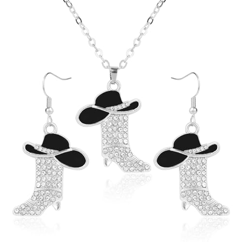 Mikovivi 2st Cowgirl Cowboy Schmuckset, Funkelnder Strass Westernstiefel Ohrhänger und Cowgirl Halskette Rodeo Emaille Hut Stiefel Charm Ohrhänger Geschenke für Frauen von Mikovivi