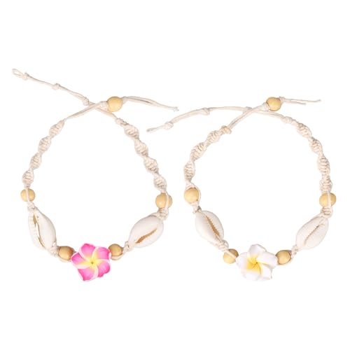 Mikovivi 2stk Hawaiianische Plumeria Rubra-Fußkettchen, Verstellbare Freundschaftsarmbänder Tropischen Blumen Muschel Böhmische Luau-Fußschmuck-Geschenke Damen-Sommer-Strandparty-Dekorationszubehör von Mikovivi