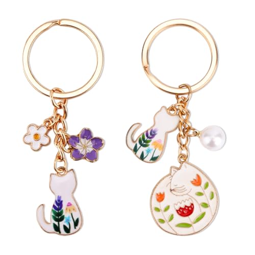 Mikovivi 2stk Kawaii-Katzen-Schlüsselanhänger, Emaille-Blumen-Schlüsselring Japanischer Schlüsselanhänger Gartendekoration Weiße Süße Taschenanhänger für Gartenkatzenliebhaber von Mikovivi
