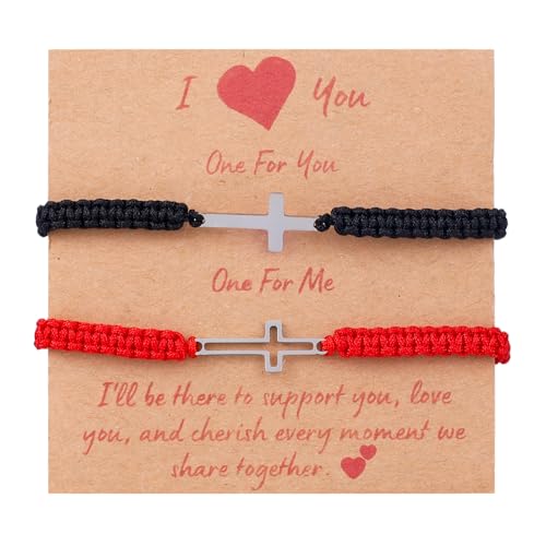 Mikovivi 2stk Verstellbare Kreuz-Armbänder, Passende Freundschafts & Paar-Armbänder mit Metall-Kreuz-Anhänger Rot & Schwarz Geflochtenes Seil-Armband für Männer Frauen Christliche Geschenke von Mikovivi