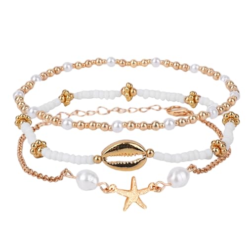 Mikovivi 3 Stk Fußkettchen für Damen, Verstellbar Perlen Seesterne Krebsscheren Perlen Fußkettchen Boho Stil Sommer und Strandschmuck von Mikovivi
