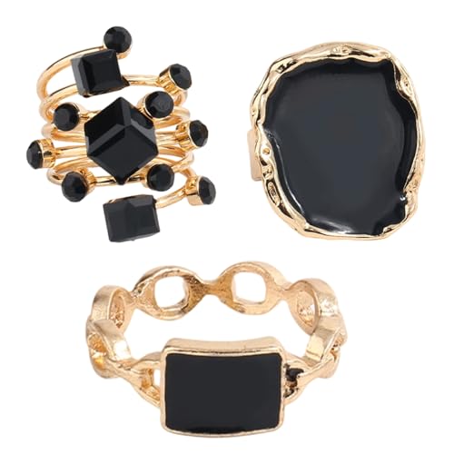 Mikovivi 3 Stk Schwarz Goldene Statement Ringe Große Klobige Vintage Cocktailringe Tropfendes Öl Schwarz Gold Schmuck Geschenk für Damen von Mikovivi