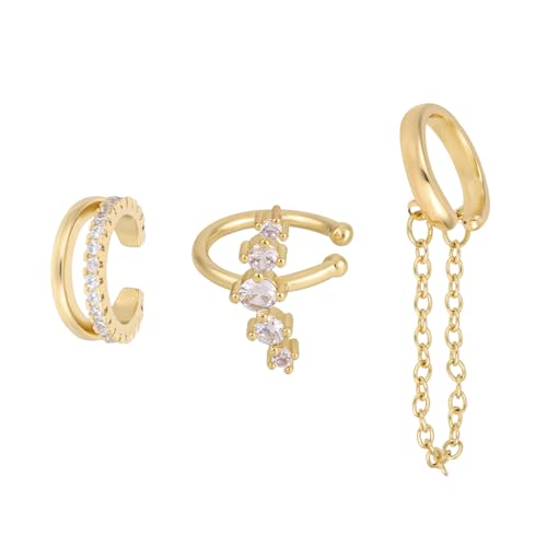 Mikovivi 3 Stück Goldene Ohrmanschetten für Damen, Nicht Durchdringend Ohrmanschette mit Kette Zirkonia Doppel-Creolen-Design Clip-on Knorpel-Ohrringe Zierliches Schmuckset von Mikovivi
