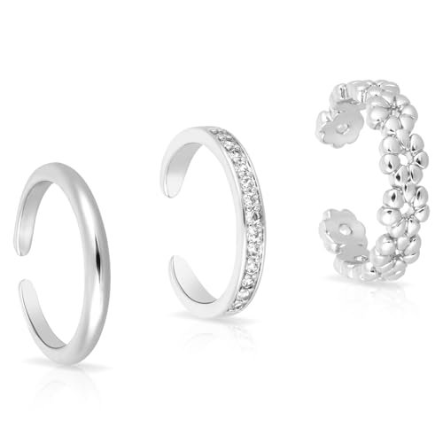 Mikovivi 3 Stück Silberne Zehenringe, Offenes Verstellbares Zehenring Set Blume Diamant Einfach Fußring Sommer Strand Fußschmuck für Frauen von Mikovivi