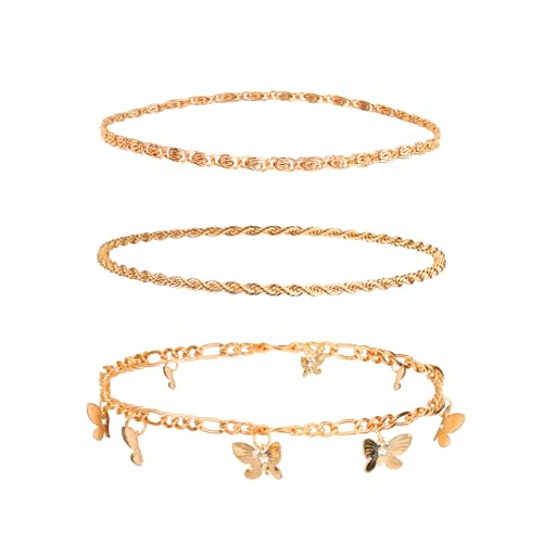Mikovivi 3 stk Fußkettchen für Damen, Fußkettchen-Set aus Metalllegierung Wasserdicht Leicht Schmetterlings-Spiralkette Drei Stile Fußschmuck für Frauen und Mädchen Sommer Strand Abschlussfeiern von Mikovivi