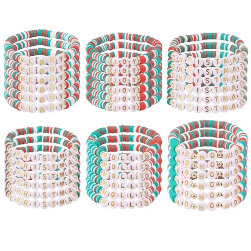 Mikovivi 36stk Weihnachtsarmbänder, Stretchy Armbänder aus PolymerTon 6 Verschiedene Designs Stapelbare Armbänder Weihnachtsschmuck Charms von Mikovivi