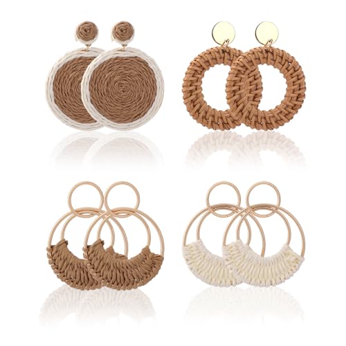 Mikovivi 4 Paar Boho-Ohrringe aus Rattan für Frauen, Runde Ohrringe Stroh für Frauen mit Gewebter Schnur Leicht & Modisch Sommer Strandaccessoires von Mikovivi