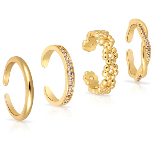 Mikovivi 4 Stück Verstellbar Zehenringe Damen, 4 Stile Läuft Nicht an Diamant Blume Schlicht Offener Zehenring Strand-Fußschmuck für Damen (Gold) von Mikovivi