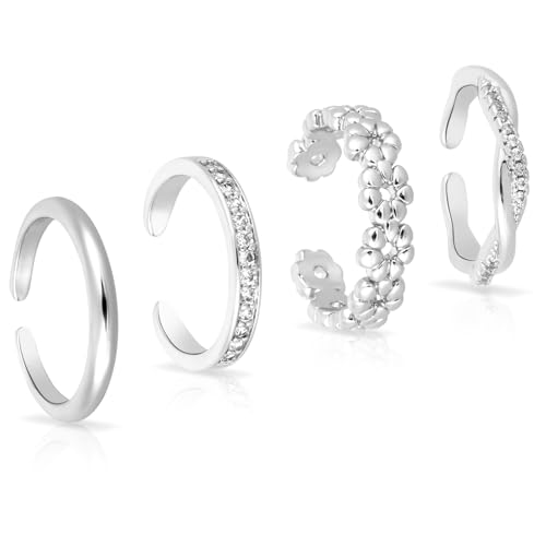 Mikovivi 4 Stück Verstellbar Zehenringe Damen, 4 Stile Läuft Nicht an Diamant Blume Schlicht Offener Zehenring Strand-Fußschmuck für Damen (Silber) von Mikovivi