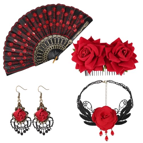 Mikovivi 4St Flamenco Accessoires Set, Damen Haarspange mit Roter Rose Bestickte Pailletten Flamenco Fächer Blumenkette und Ohrringe für Tänzerkostüm Halloween Cosplay-Party von Mikovivi
