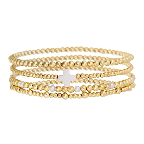 Mikovivi 4stk Goldene Perlenstapel-Armband-Set für Damen, Anlaufgeschützte Vergoldete Kreuz-Perlen-Dehnarmbänder Stapelbare Handkette Modische Schmuckgeschenke von Mikovivi