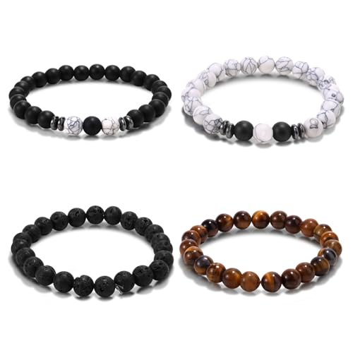 Mikovivi 4stk Herren Perlenarmbänder, Elastische Perlen Armbänder für Männer Achat Howlith Lavastein und Tigerauge Verstellbarer Schmuck für Damen Herren Väter Ehemann (4 Stile) von Mikovivi
