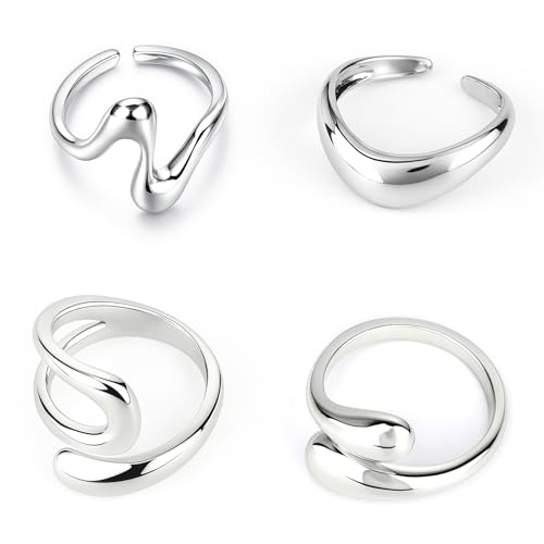Mikovivi 4stk Set Klobiger Silberringe für Damen, Verstellbare Auffällige Legierung Stapelbare Statement-Ringe Trendige Breite Unregelmäßige Fingerringe für Modischen und Ästhetischen Schmuck von Mikovivi