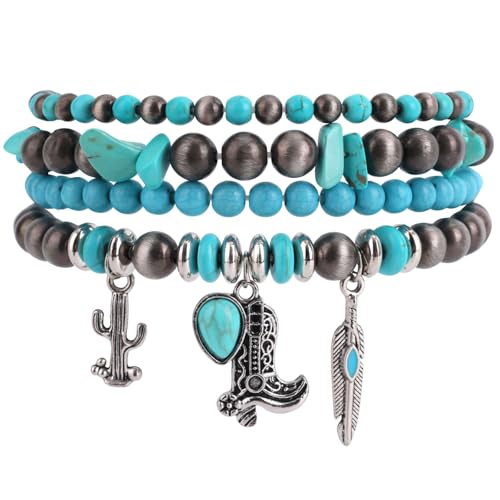 Mikovivi 4stk Western-Perlenarmbänder für Damen, Synthetisches Türkis-Boho-Armband Schmuck für Rustikale Konzert-Cowboy-Accessoires von Mikovivi