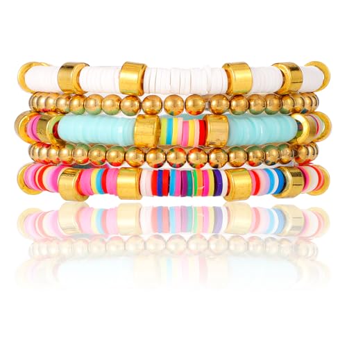 Mikovivi 5 Stück Surfer Armbänder Set, Boho Bunt Stretch-Armbänder mit Perlen Stapelbar Schichtbar Freundschaftsarmbänder Ästhetisch Sommer Strand Schmuckgeschenke für Frauen und Mädchen von Mikovivi