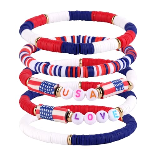 Mikovivi 5 Stück Usa Armband, 5 Stile Ton Bunt Rot Weiß und Blau Patriotische Armbänder Elastisch Accessoires zum 4. Juli Ideales Schmuckgeschenk für Teenager und Frauen von Mikovivi